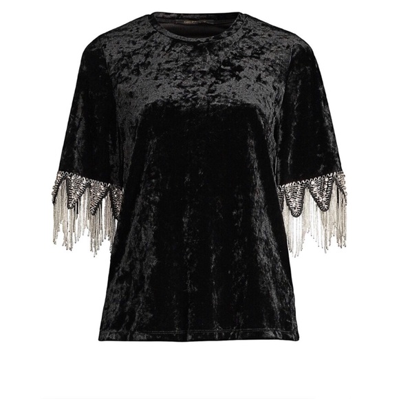 Kobi Halperin Jennifer Velvet Crewneck Fringe-Cuff in Topaz, S - Picture 4 of 11
